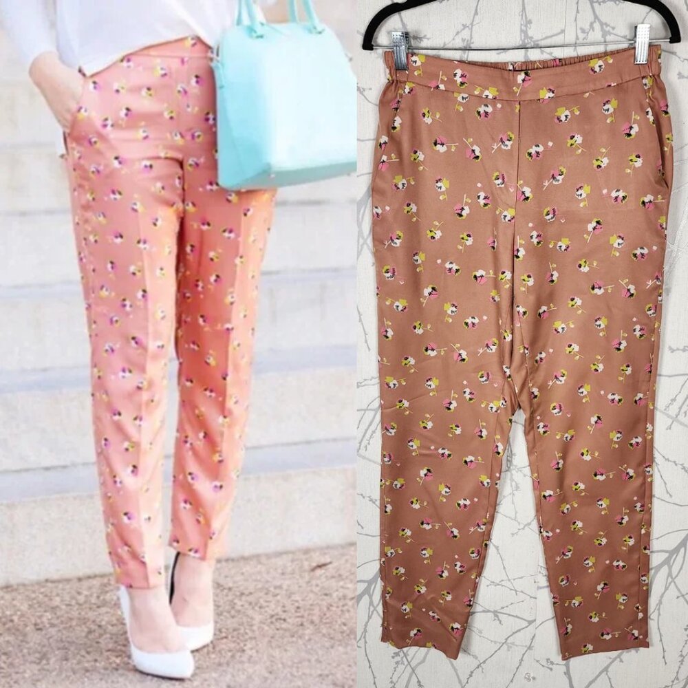 J. Crew Salmon Floral Falling Pansies High Rise Pull On Trousers